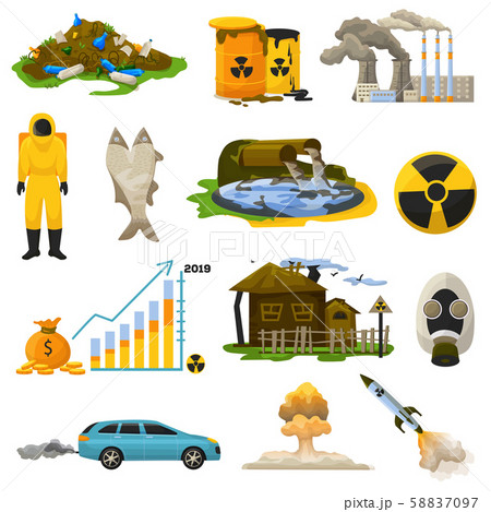 Nuclear pollution vector radioactive atomic energy polluting environment illustration set of 58837097