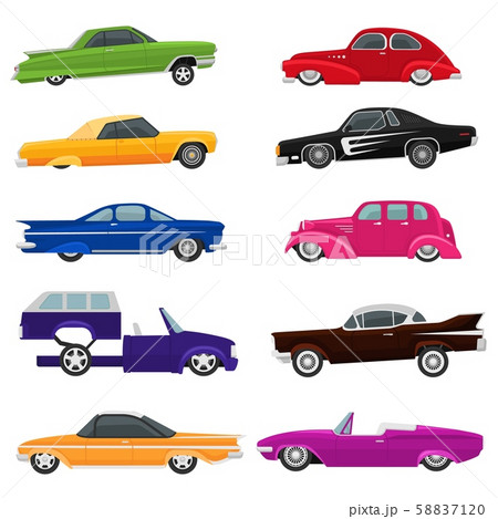 Car vector vintage low rider auto and retro old automobile transport illustration set of classic 58837120