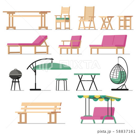 Garden furniture vector table chair seat charcoal-grill on terrace design outdoor in summer backyard 58837161