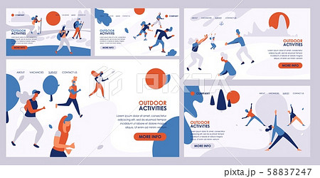 Outdoor activity vector active people hiking training jogging illustration web page background set Outdoor activity vector active people hiking training jogging illustration web page background set 58837247