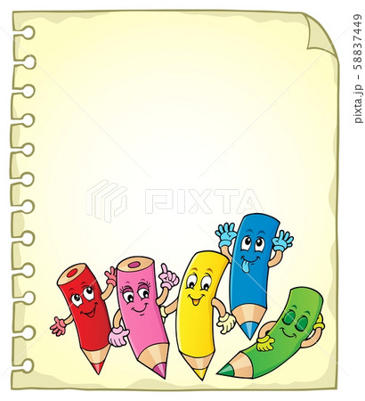 Notepad page with happy wooden crayons 58837449