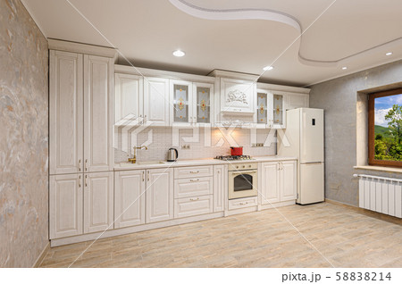 Luxury modern white and beige kitchen interior 58838214