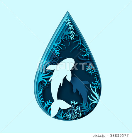 World Oceans Day. Paper art of sea waves and fish 58839577