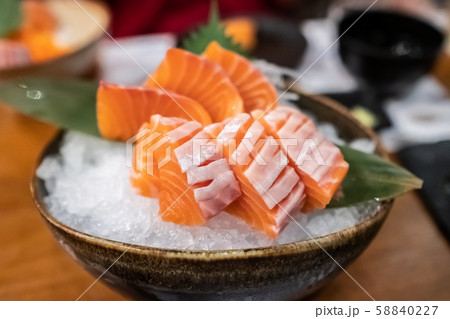 Close up of Salmon sashimi on the bowl. Close up of Salmon sashimi on the bowl. 58840227