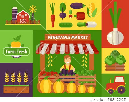 Vegetable market of local farm products, vector illustration. Colorful collage of stickers in flat Vegetable market of local farm products, vector illustration. Colorful collage of stickers in flat 58842207