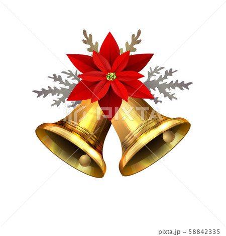 Vector illustration of shiny golden Christmas bells decorated with red bow poinsettia 58842335