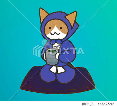 ひとやすみで座布団に正座で座り日本茶を飲む、忍者姿のネコさん ひとやすみで座布団に正座で座り日本茶を飲む、忍者姿のネコさん 58842597