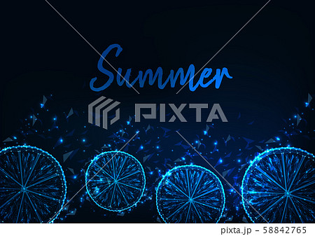 Summer web banner with glowing low polylemon slices, copyspace and text on dark blue background. Summer web banner with glowing low polylemon slices, copyspace and text on dark blue background. 58842765