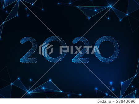 Futuristic glowing low polygonal 2020 New year greeting card on abstract dark blue background. Futuristic glowing low polygonal 2020 New year greeting card on abstract dark blue background. 58843090