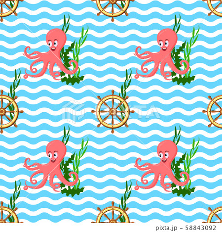 Seamless pattern with octopus, ship wheel, sea weeds and ocean waves. Seamless pattern with octopus, ship wheel, sea weeds and ocean waves. 58843092