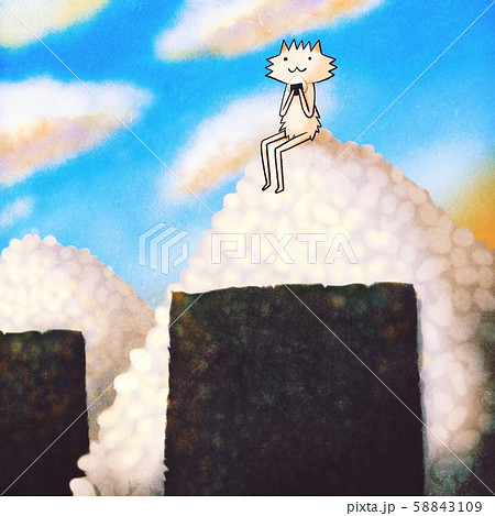 青空の下 大きなオニギリの上でおにぎりの食事をとるイヌさんのイラストのイラスト素材