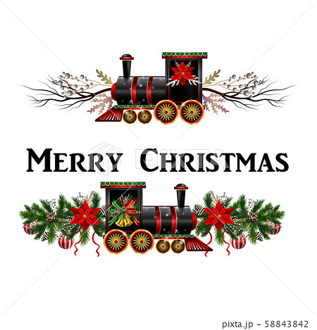 Little Christmas train with wagons decorated red ribbon Vector Little Christmas train with wagons decorated red ribbon Vector 58843842
