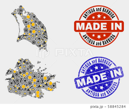 Mosaic Antigua and Barbuda Map of Technology Items and Made In Grunge Seal 58845284