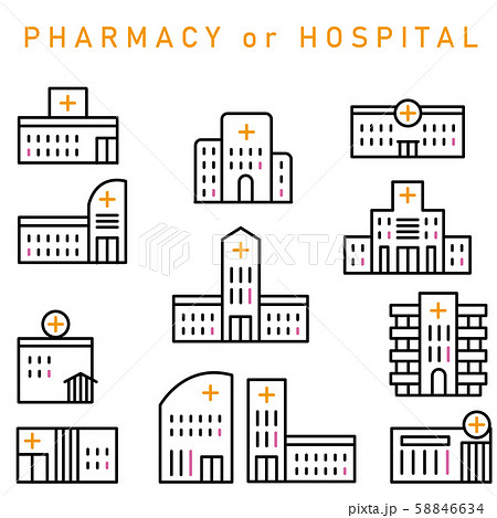 3色の線画の薬局または病院 黒基調のイラスト素材