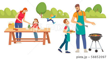 Happy family at a picnic is preparing a barbecue grill outdoors. Family picnic. Bbq party. Food and Happy family at a picnic is preparing a barbecue grill outdoors. Family picnic. Bbq party. Food and 58852097