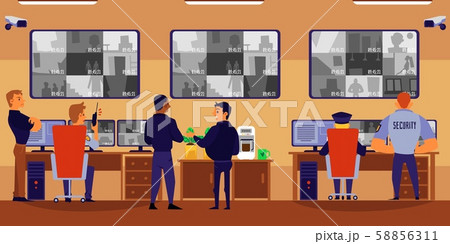 Cartoon people in security room talking and looking at surveillance camera monitor 58856311