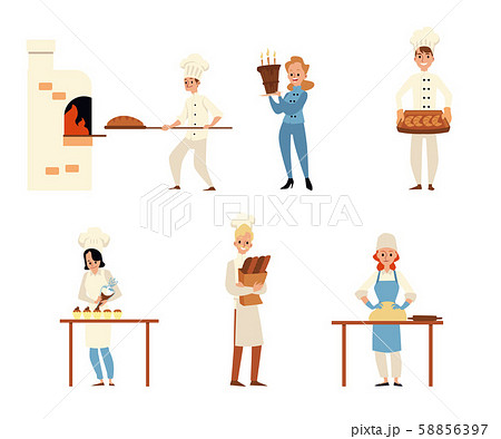 Cartoon people in bakery - flat isolated set. Chef men and women baking bread 58856397