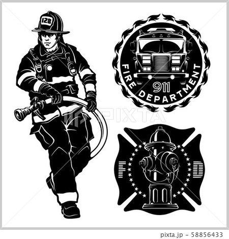 Fire department vector set - fireman s and emblems - badges, elements. 58856433