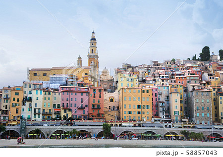 Colorful houses in old part of Menton, French 58857043