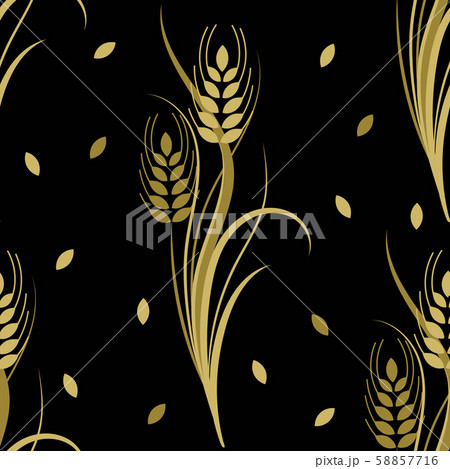Seamless pattern with gold wheat spikelets on a black background. Vector illustration 58857716