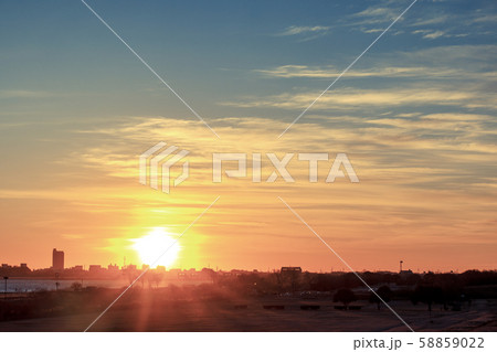 空撮　渡良瀬遊水地　第一調節池から昇る日の出 58859022