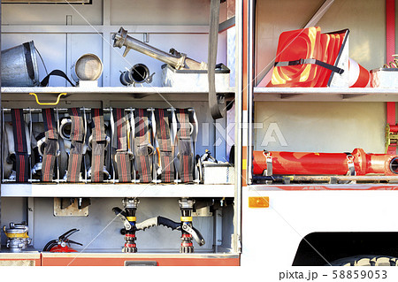 Fire hoses, valves and cranes, traffic cones 58859053