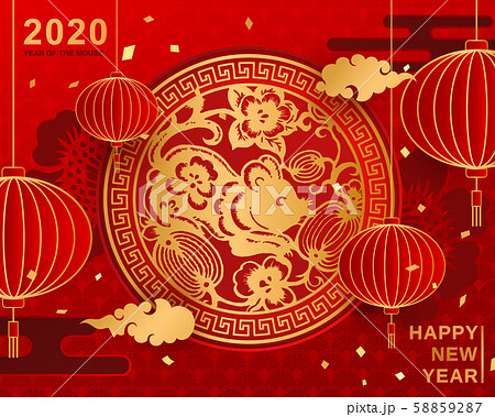 Best wishes for the rat year to come in Chinese word.Happy New Year 2020. Chinese New Year. china red round lantern and Flowers on red background 58859287