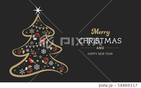 Elegant gold and black Christmas tree with Xmas elements. Vector illustration 58860317