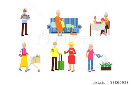 Actions Of Active Retired Characters In Vector Illustration Set Isolated On White Background 58860933