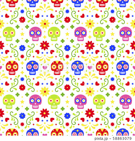 Day of the dead seamless pattern with colorful skulls and flowers on white background. Traditional Day of the dead seamless pattern with colorful skulls and flowers on white background. Traditional 58863079