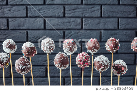 Festive chocolate tasty cake pops, top view 58863459