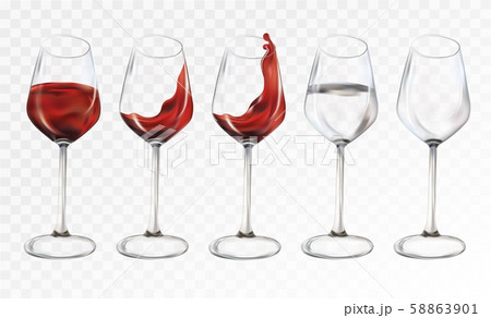 Collection wine glasses empty and water with glasses.Splashes red wine and water. 3D realistic Collection wine glasses empty and water with glasses.Splashes red wine and water. 3D realistic 58863901