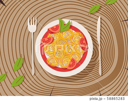 Italian pasta on a plate, vector illustration. Wooden table with texture of tree trunk rings, simple 58865283