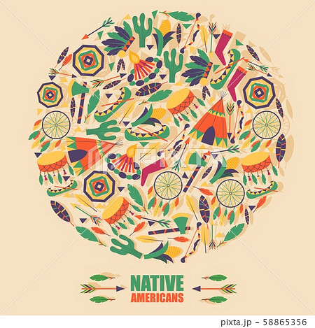 Native American Culture Icons In Round Frame のイラスト素材