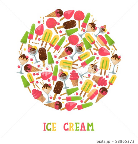 Ice cream round frame composition, vector illustration. Isolated icons, different kinds of gelato in Ice cream round frame composition, vector illustration. Isolated icons, different kinds of gelato in 58865373