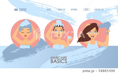 Hair care basics, vector illustration. Website template, haircare products guide, shampoo and mask 58865490