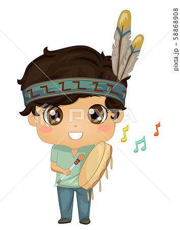 Kid Boy Indian Powwow Hand Drum Illustrationのイラスト素材 5608