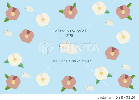 ネズミ　椿の花パターン　年賀状 58870124