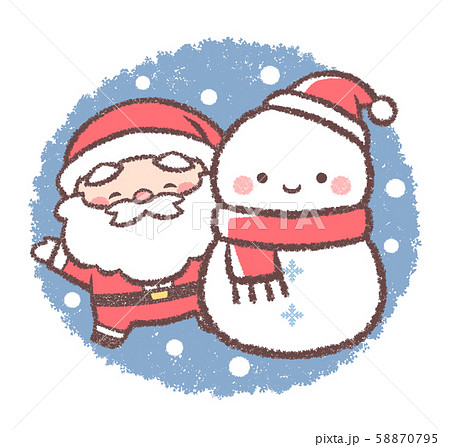 サンタと雪だるまクリスマス 丸背景のイラスト素材