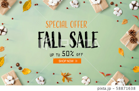 Fall sale banner with gift boxes with leaves Fall sale banner with gift boxes with leaves 58871638