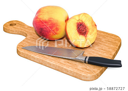 Nectarine lies on a wooden board next to a knife 58872727
