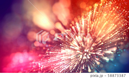 Abstract explosion of multicolored shiny particles or light rays like laser show. 3d render abstract 58873387