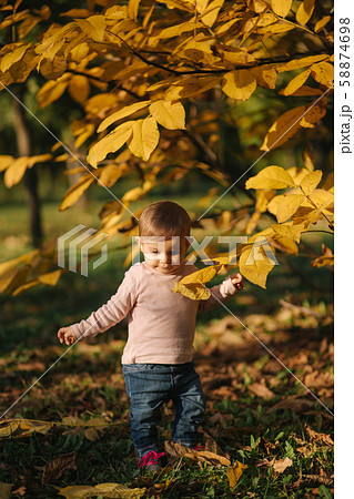 Cute baby girl stand about beautiful yellow tree and play with leaf on the tree 58874698