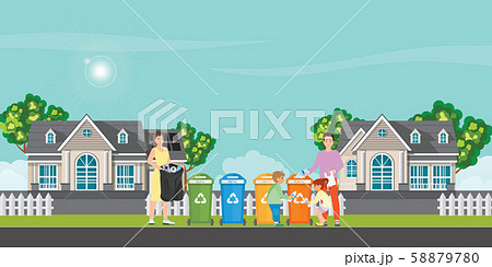 Family sorting garbage into garbage collector . 58879780