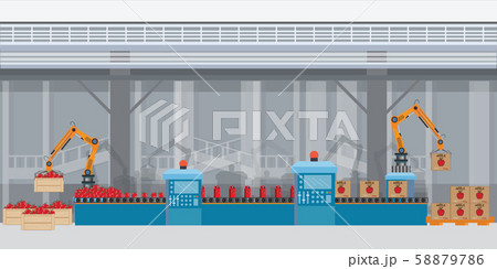 Factory packing conveyor apple juice of a box. Factory packing conveyor apple juice of a box. 58879786