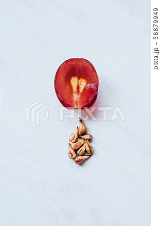 Grape seed oil. Creative still life of grapes, seeds and a bottle on a light background. Flat lay. 58879949