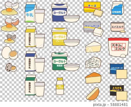 24種類の乳類・卵製品を並べた主線なしイラスト 58881481