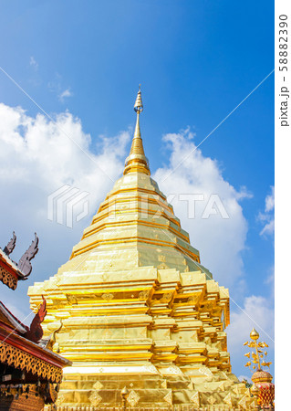 Golden pagoda and umbrella in Wat Phra That Doi Suthep is the popular tourist destination of Chiang Mai, Thailand 58882390