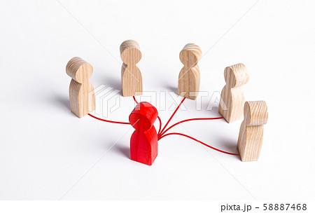 The red human figure is connected by lines with five persons. Business management. Spreading rumors. Leadership, teamwork. Cooperation and collaboration. Shares experiences and information. 58887468