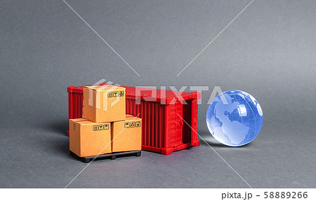 Red cargo container with boxes and blue planet earth glass ball. Business and industry, transport infrastructure. The concept of commerce and trade, delivery, exchange of goods. Globalization Red cargo container with boxes and blue planet earth glass ball. Business and industry, transport infrastructure. The concept of commerce and trade, delivery, exchange of goods. Globalization 58889266